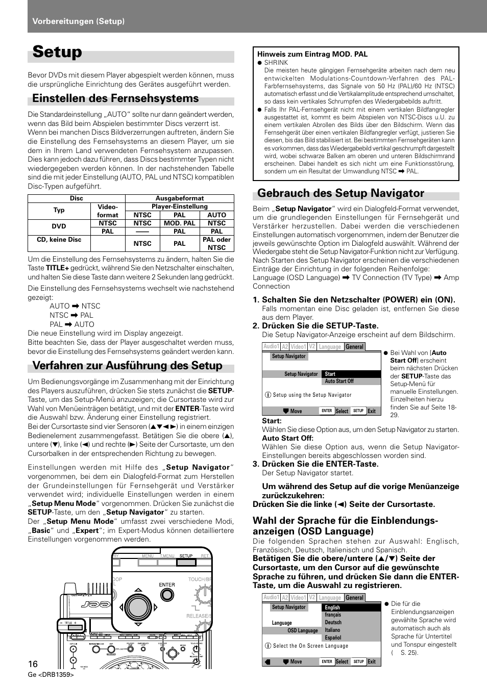 Setup, Einstellen des fernsehsystems, Gebrauch des setup navigator | Verfahren zur ausführung des setup | Pioneer DVJ-X1 User Manual | Page 118 / 295