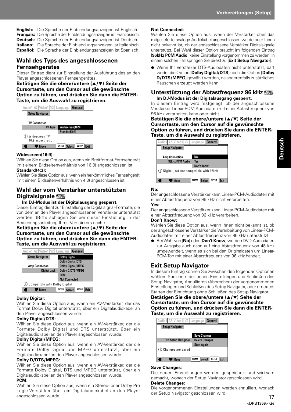Deutsch, Wahl des typs des angeschlossenen fernsehgerätes, Unterstützung der abtastfrequenz 96 khz | Exit setup navigator | Pioneer DVJ-X1 User Manual | Page 119 / 295