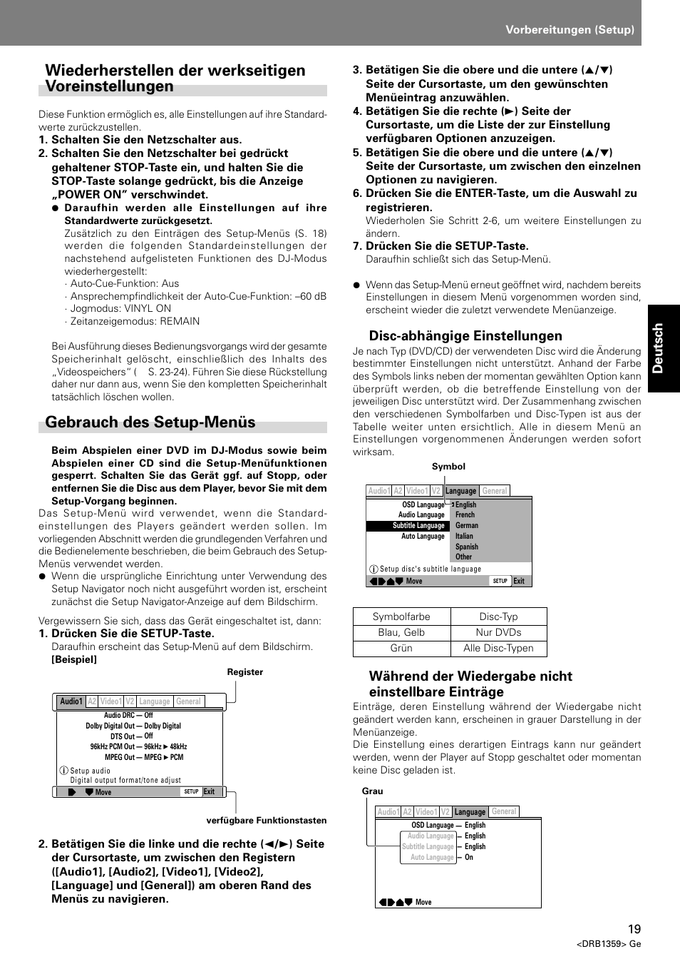 Wiederherstellen der werkseitigen voreinstellungen, Gebrauch des setup-menüs, Deutsch | Disc-abhängige einstellungen, Während der wiedergabe nicht einstellbare einträge | Pioneer DVJ-X1 User Manual | Page 121 / 295