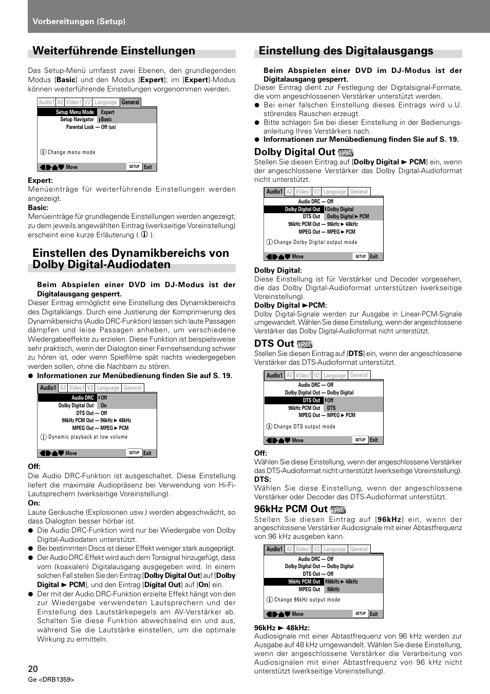Weiterführende einstellungen, Einstellung des digitalausgangs, Dolby digital out | Dts out, 96khz pcm out, Vorbereitungen (setup) | Pioneer DVJ-X1 User Manual | Page 122 / 295