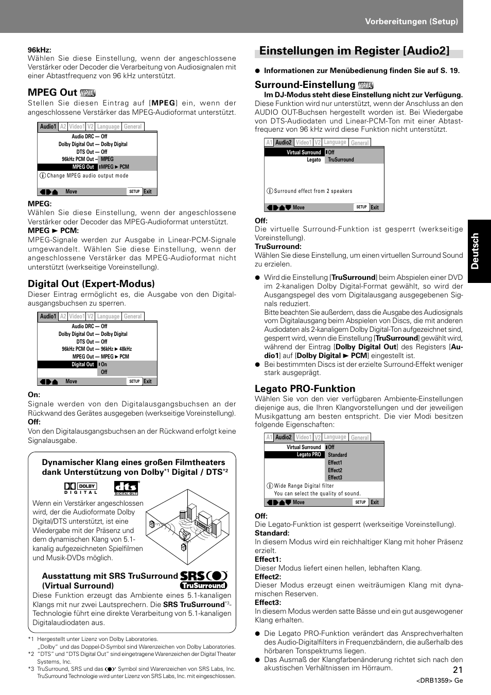 Einstellungen im register [audio2, Deutsch, Mpeg out | Digital out (expert-modus), Surround-einstellung, Legato pro-funktion | Pioneer DVJ-X1 User Manual | Page 123 / 295