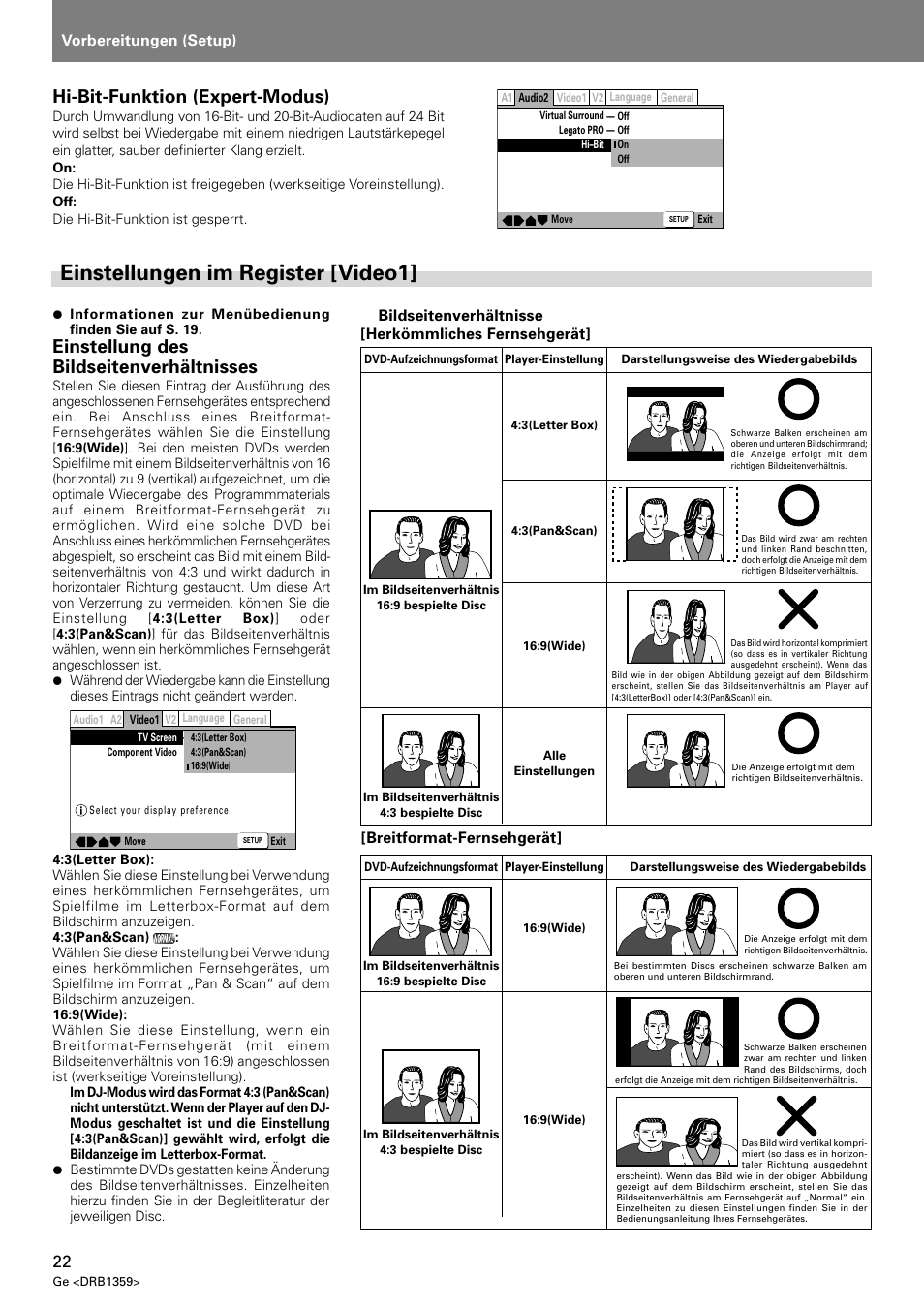 Einstellungen im register [video1, Einstellung des bildseitenverhältnisses, Hi-bit-funktion (expert-modus) | Vorbereitungen (setup), Bildseitenverhältnisse [herkömmliches fernsehgerät, Breitformat-fernsehgerät | Pioneer DVJ-X1 User Manual | Page 124 / 295