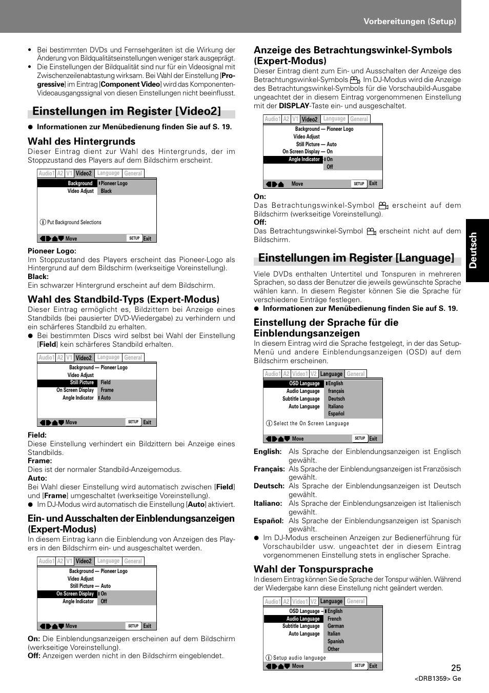Einstellungen im register [video2, Einstellungen im register [language, Deutsch | Wahl des hintergrunds, Wahl des standbild-typs (expert-modus), Wahl der tonspursprache, Index, Vorbereitungen (setup) | Pioneer DVJ-X1 User Manual | Page 127 / 295