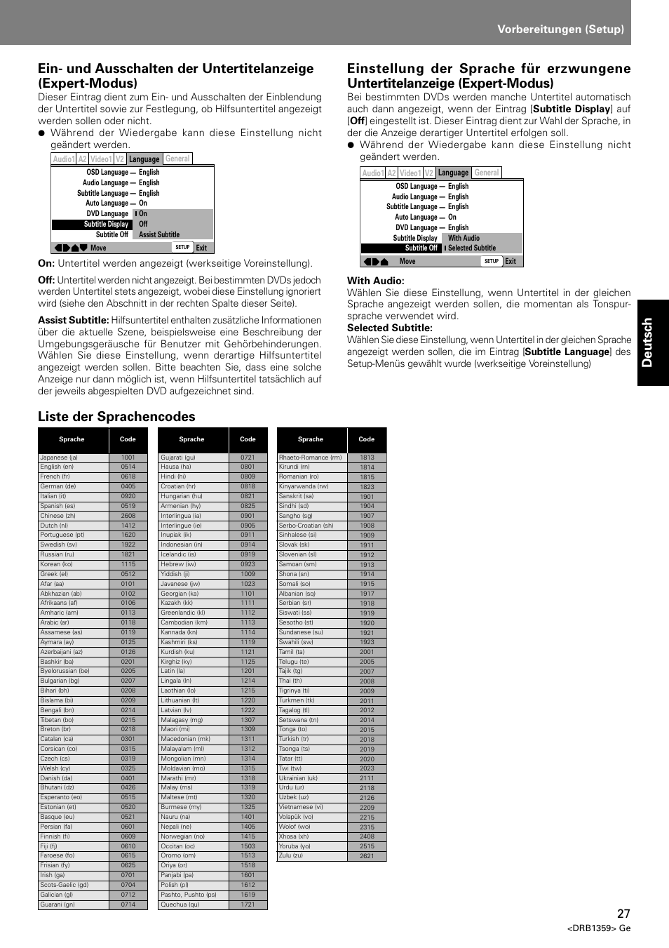 Deutsch, Liste der sprachencodes, Index | Vorbereitungen (setup) | Pioneer DVJ-X1 User Manual | Page 129 / 295