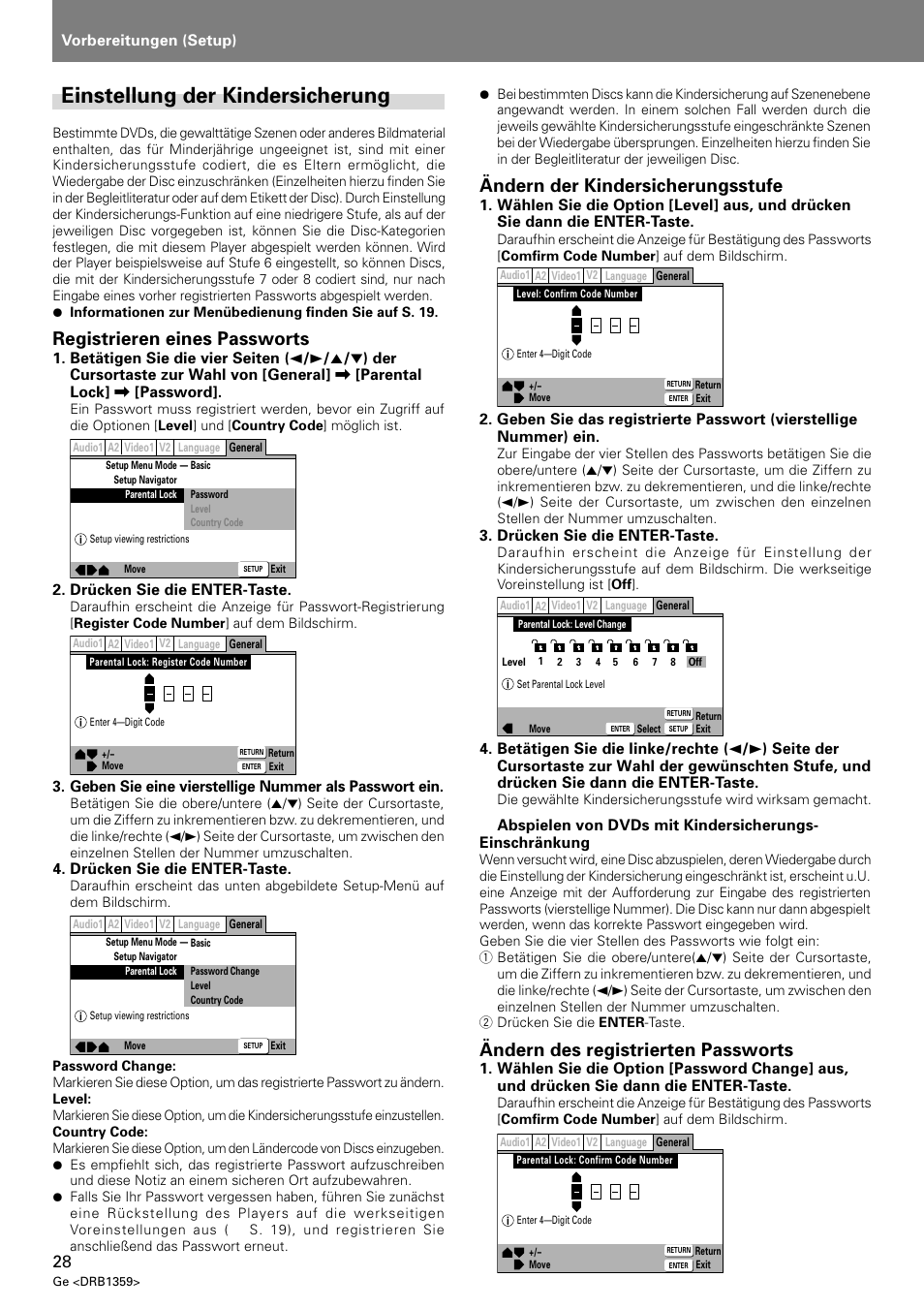 Einstellung der kindersicherung, Registrieren eines passworts, Ändern der kindersicherungsstufe | Ändern des registrierten passworts | Pioneer DVJ-X1 User Manual | Page 130 / 295