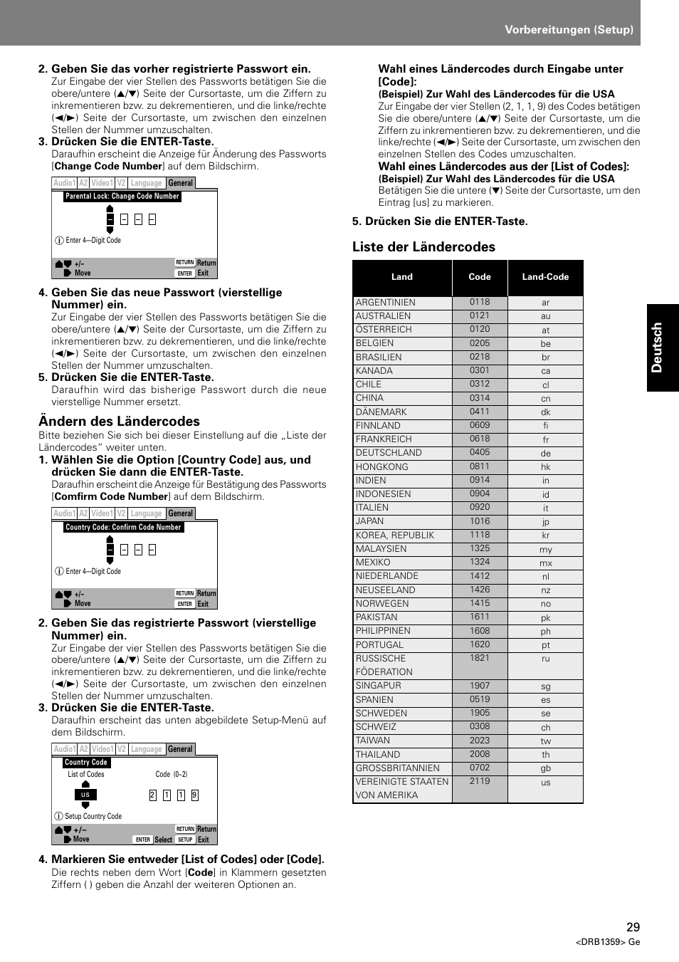 Deutsch, Liste der ländercodes, Ändern des ländercodes | Index, Vorbereitungen (setup), Geben sie das vorher registrierte passwort ein, Drücken sie die enter-taste, Markieren sie entweder [list of codes] oder [code, Wahl eines ländercodes durch eingabe unter [code, Wahl eines ländercodes aus der [list of codes | Pioneer DVJ-X1 User Manual | Page 131 / 295