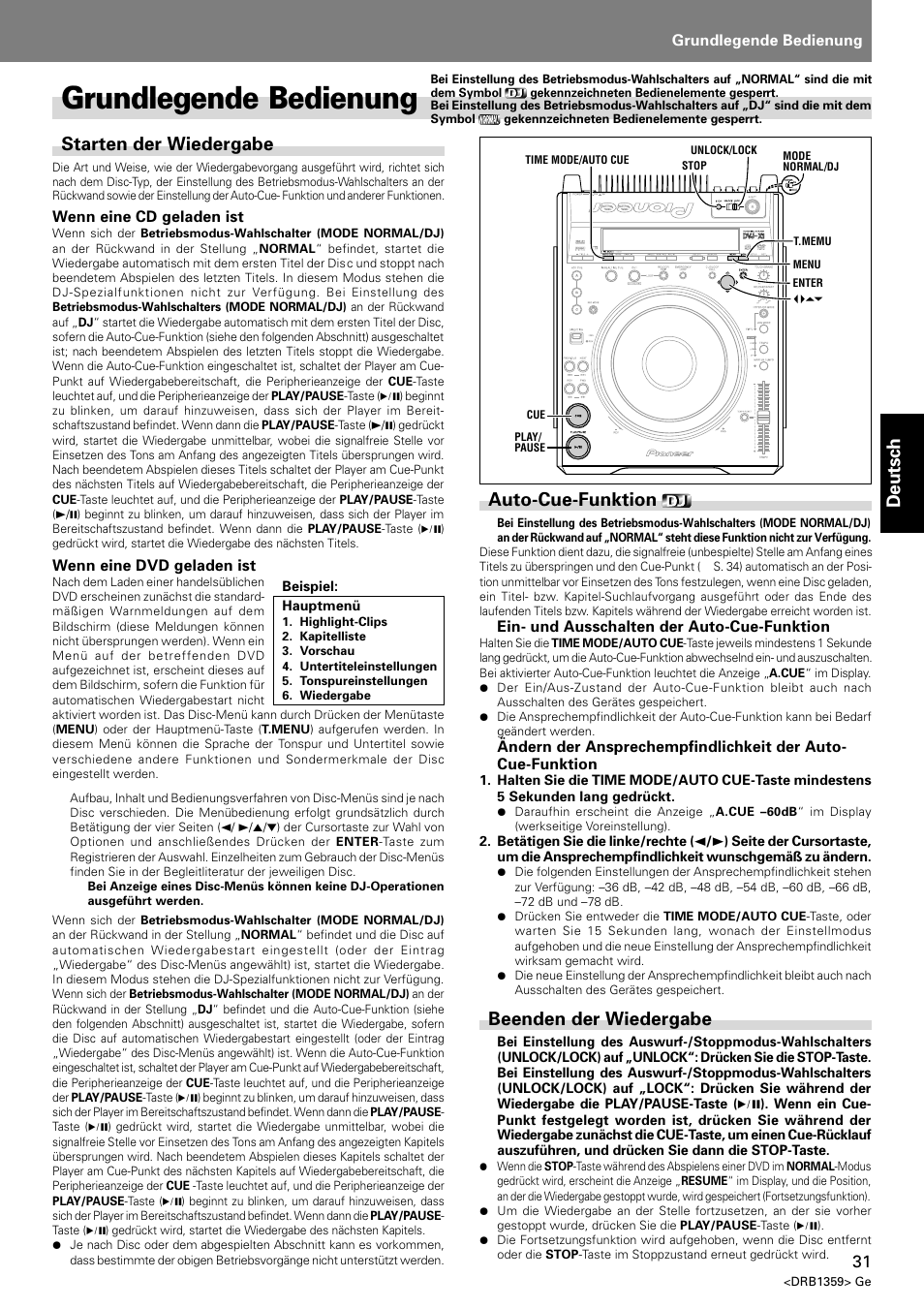 Grundlegende bedienung, Deutsch, Starten der wiedergabe | Auto-cue-funktion, Beenden der wiedergabe | Pioneer DVJ-X1 User Manual | Page 133 / 295