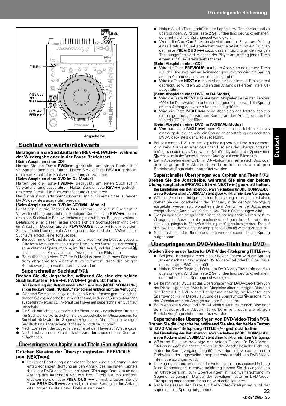 Deutsch, Suchlauf vorwärts/rückwärts, Überspringen von dvd-video-titeln (nur dvd) | Pioneer DVJ-X1 User Manual | Page 135 / 295