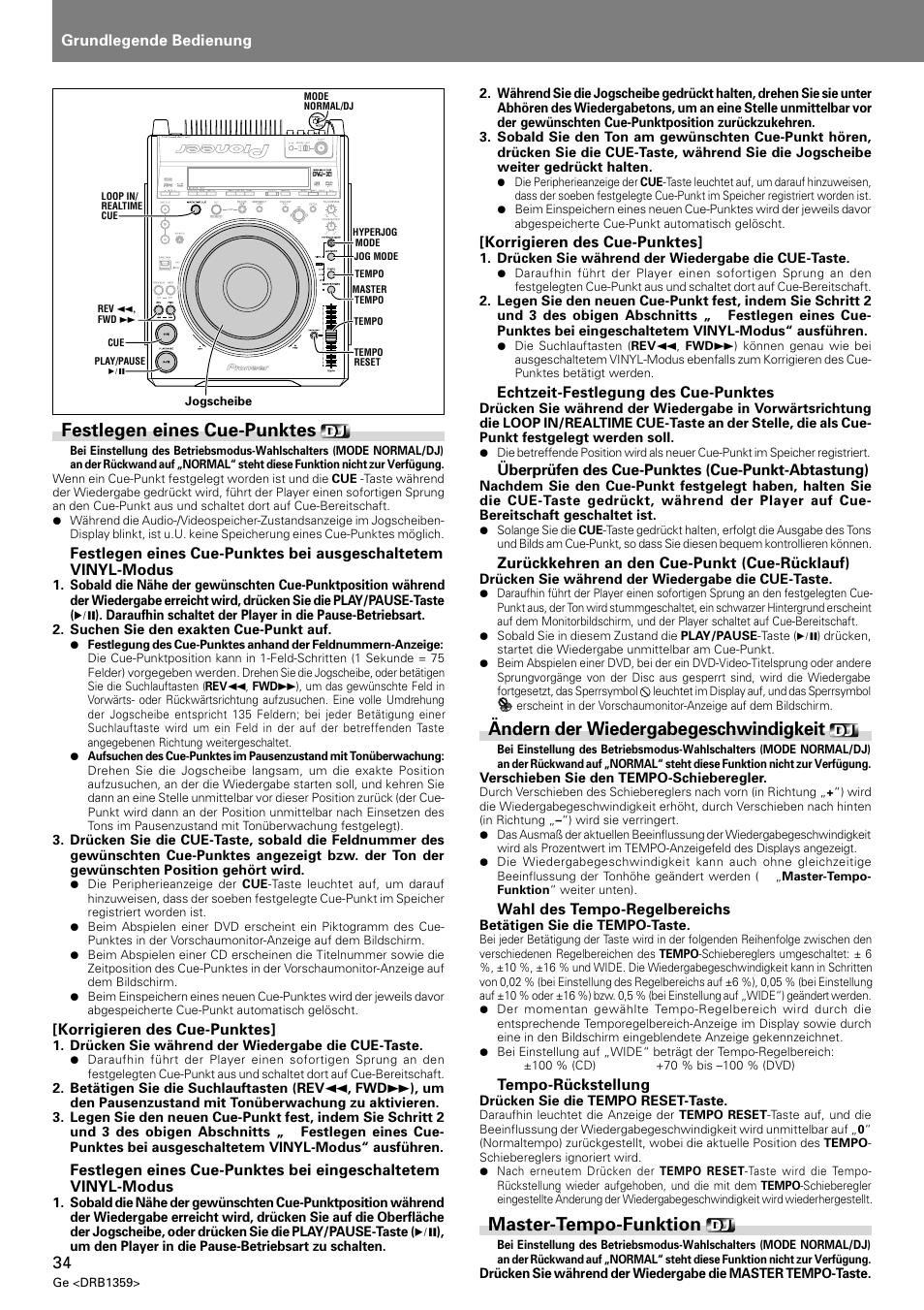 Festlegen eines cue-punktes, Ändern der wiedergabegeschwindigkeit, Master-tempo-funktion | Pioneer DVJ-X1 User Manual | Page 136 / 295