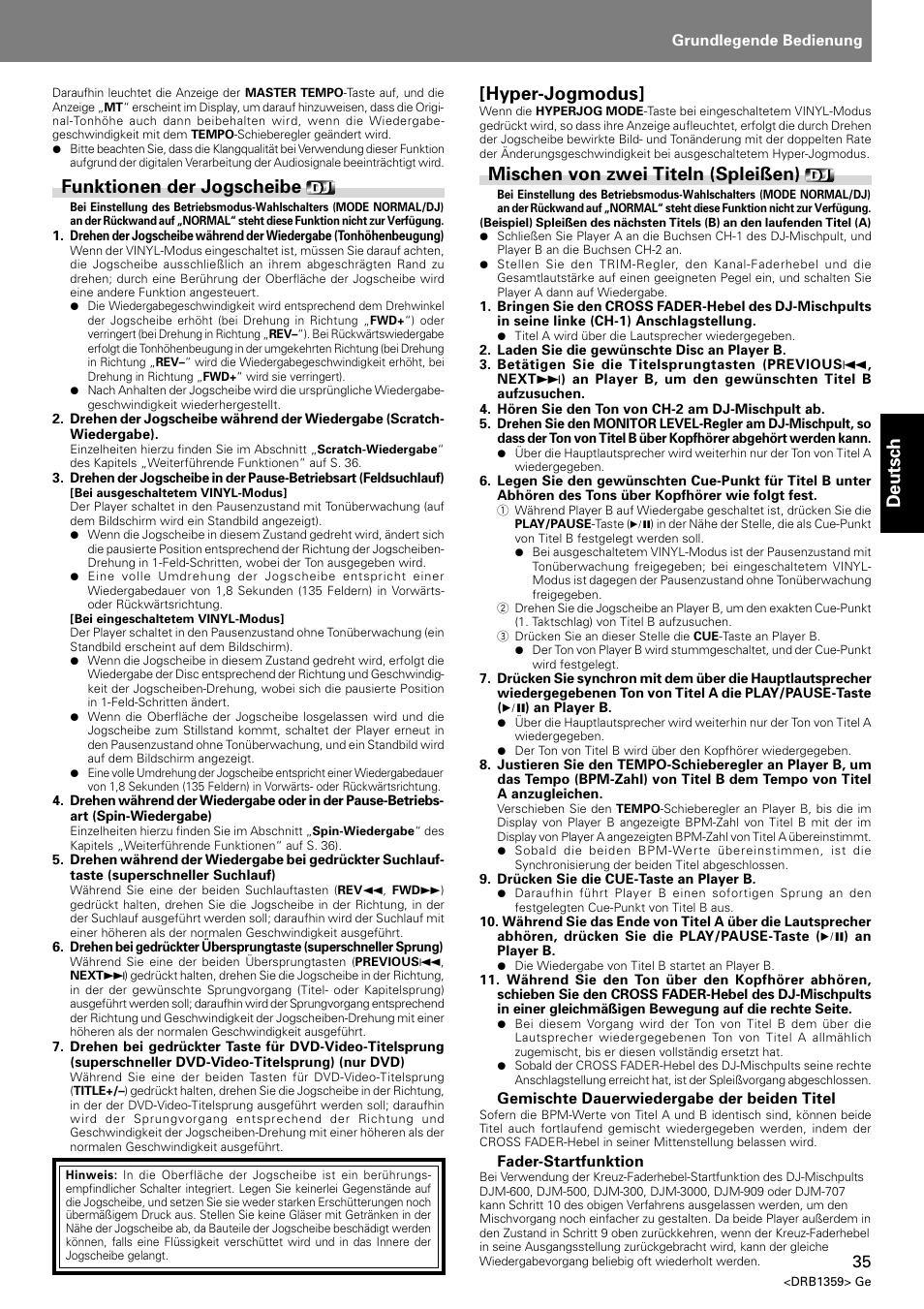 Deutsch, Funktionen der jogscheibe, Hyper-jogmodus | Mischen von zwei titeln (spleißen) | Pioneer DVJ-X1 User Manual | Page 137 / 295