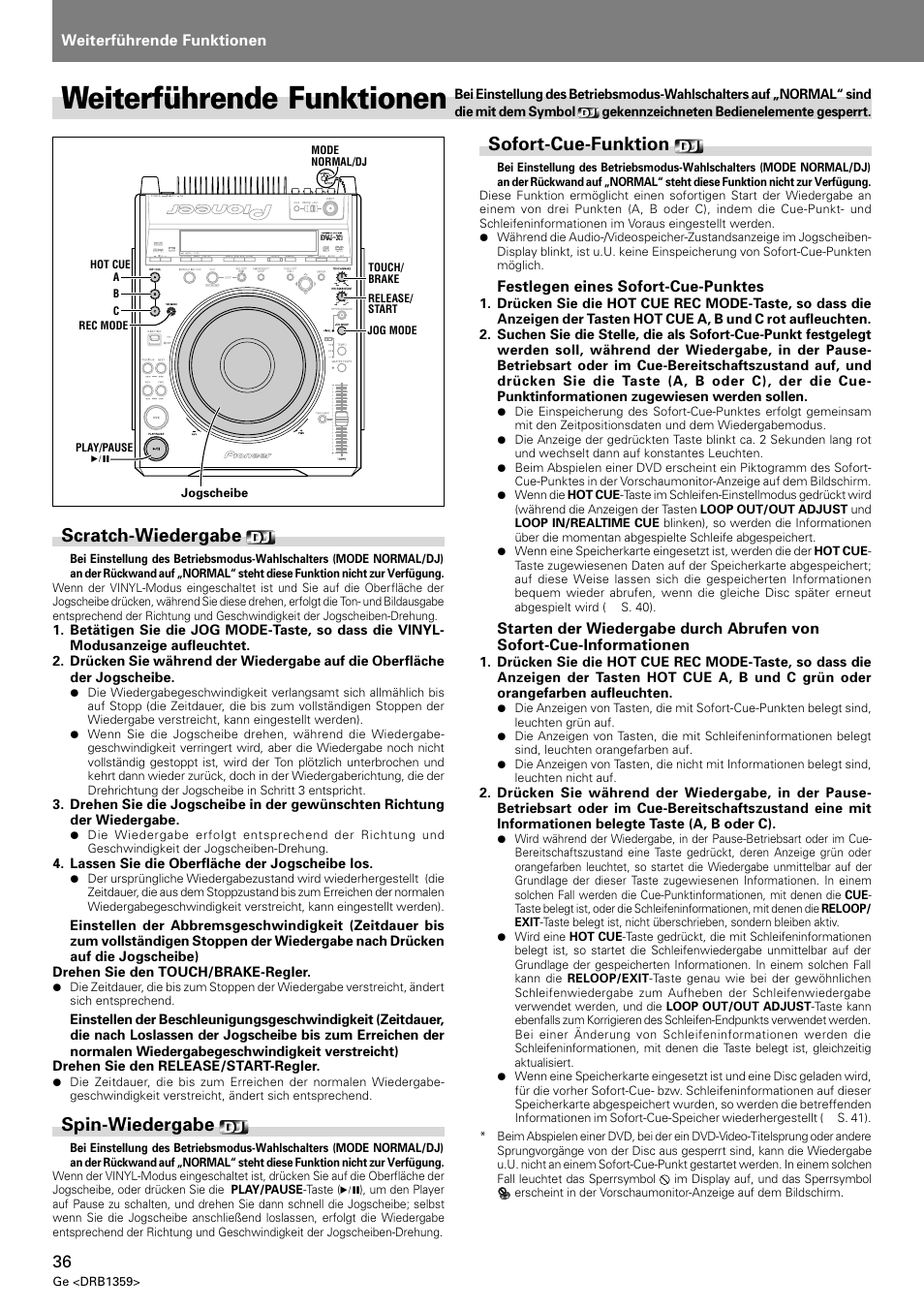 Weiterführende funktionen, Scratch-wiedergabe, Spin-wiedergabe | Sofort-cue-funktion | Pioneer DVJ-X1 User Manual | Page 138 / 295