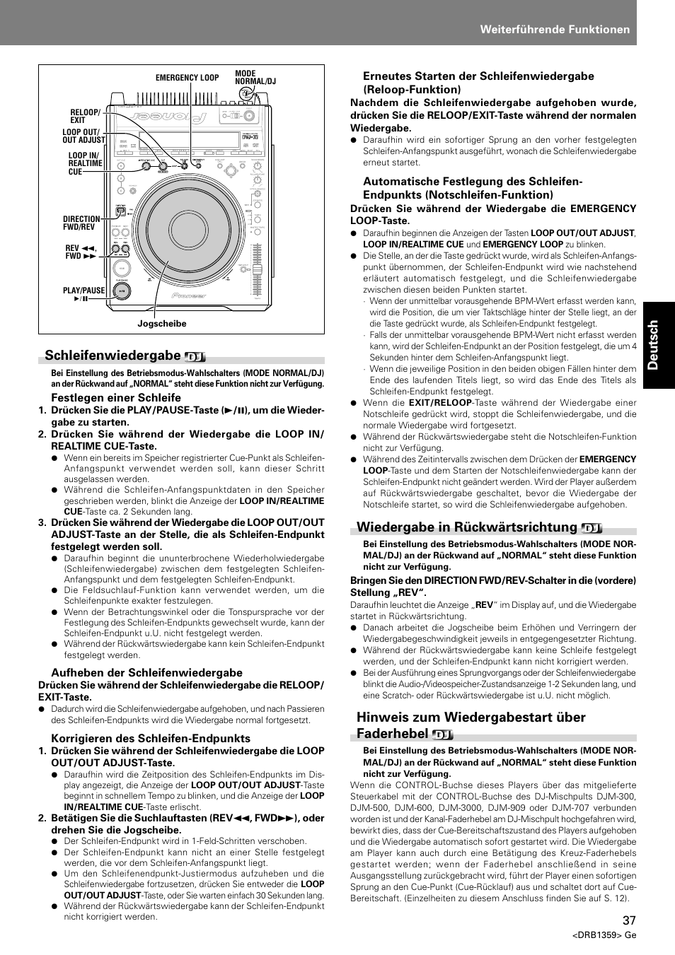 Deutsch schleifenwiedergabe, Wiedergabe in rückwärtsrichtung, Hinweis zum wiedergabestart über faderhebel | Pioneer DVJ-X1 User Manual | Page 139 / 295