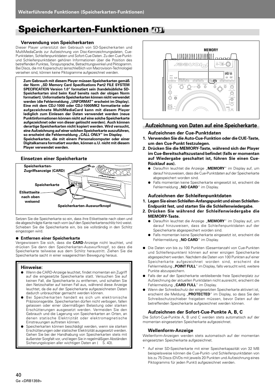 Speicherkarten-funktionen, Aufzeichnung von daten auf eine speicherkarte | Pioneer DVJ-X1 User Manual | Page 142 / 295