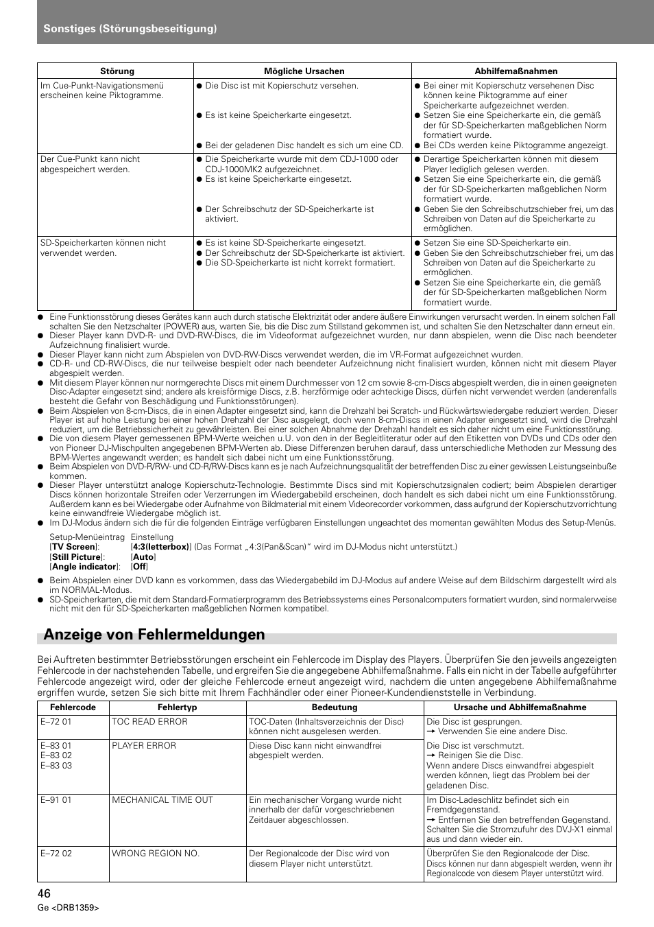 Anzeige von fehlermeldungen, Sonstiges (störungsbeseitigung) | Pioneer DVJ-X1 User Manual | Page 148 / 295