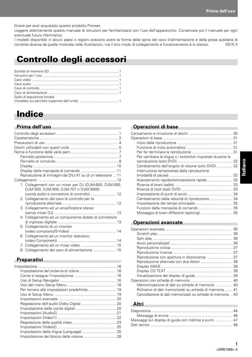 Istruzioni per l’uso, Indice, Controllo degli accessori | Pioneer DVJ-X1 User Manual | Page 151 / 295