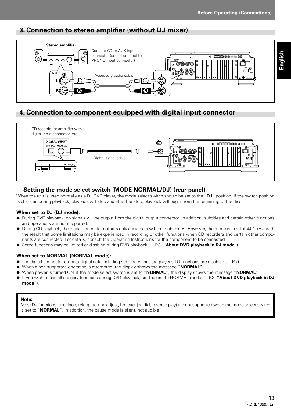 With digital input connector, English, Before operating (connections) | Dvj-x1, When set to dj (dj mode), When set to normal (normal mode), Drb1359> en | Pioneer DVJ-X1 User Manual | Page 17 / 295