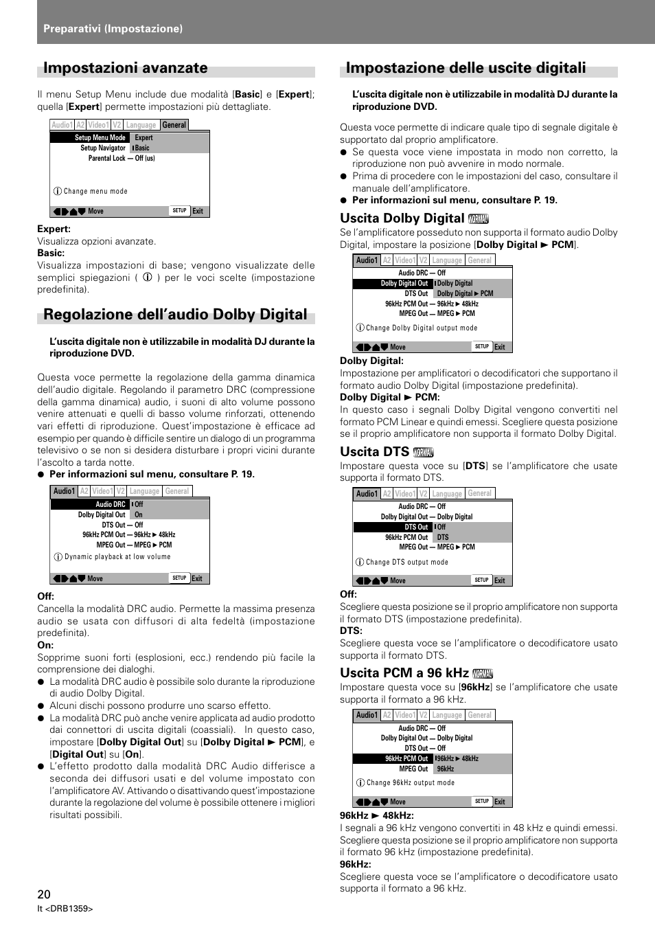 Impostazioni avanzate, Regolazione dell’audio dolby digital, Impostazione delle uscite digitali | Uscita dolby digital, Uscita dts, Uscita pcm a 96 khz, Preparativi (impostazione) | Pioneer DVJ-X1 User Manual | Page 170 / 295