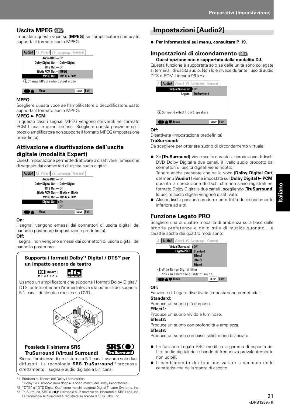 Impostazioni [audio2, Italiano, Uscita mpeg | Impostazioni di circondamento, Funzione legato pro | Pioneer DVJ-X1 User Manual | Page 171 / 295