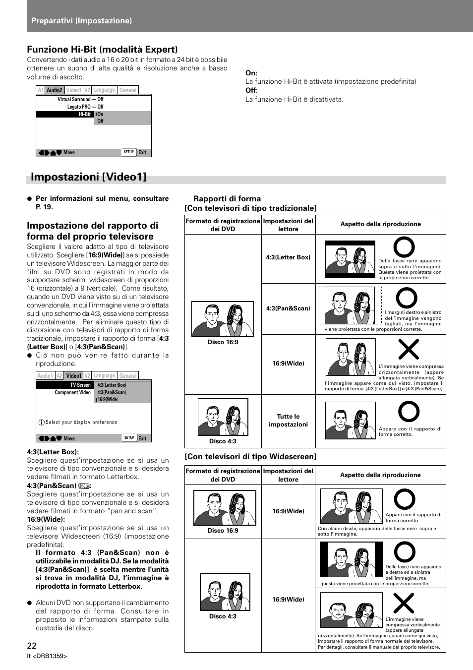 Impostazioni [video1, Funzione hi-bit (modalità expert), Preparativi (impostazione) | Con televisori di tipo widescreen | Pioneer DVJ-X1 User Manual | Page 172 / 295
