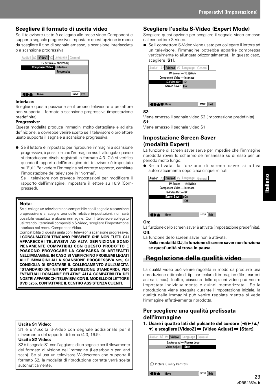 Regolazione della qualità video, Italiano, Scegliere il formato di uscita video | Scegliere l’uscita s-video (expert mode), Impostazione screen saver (modalità expert), Per scegliere una qualità prefissata dell’immagine | Pioneer DVJ-X1 User Manual | Page 173 / 295