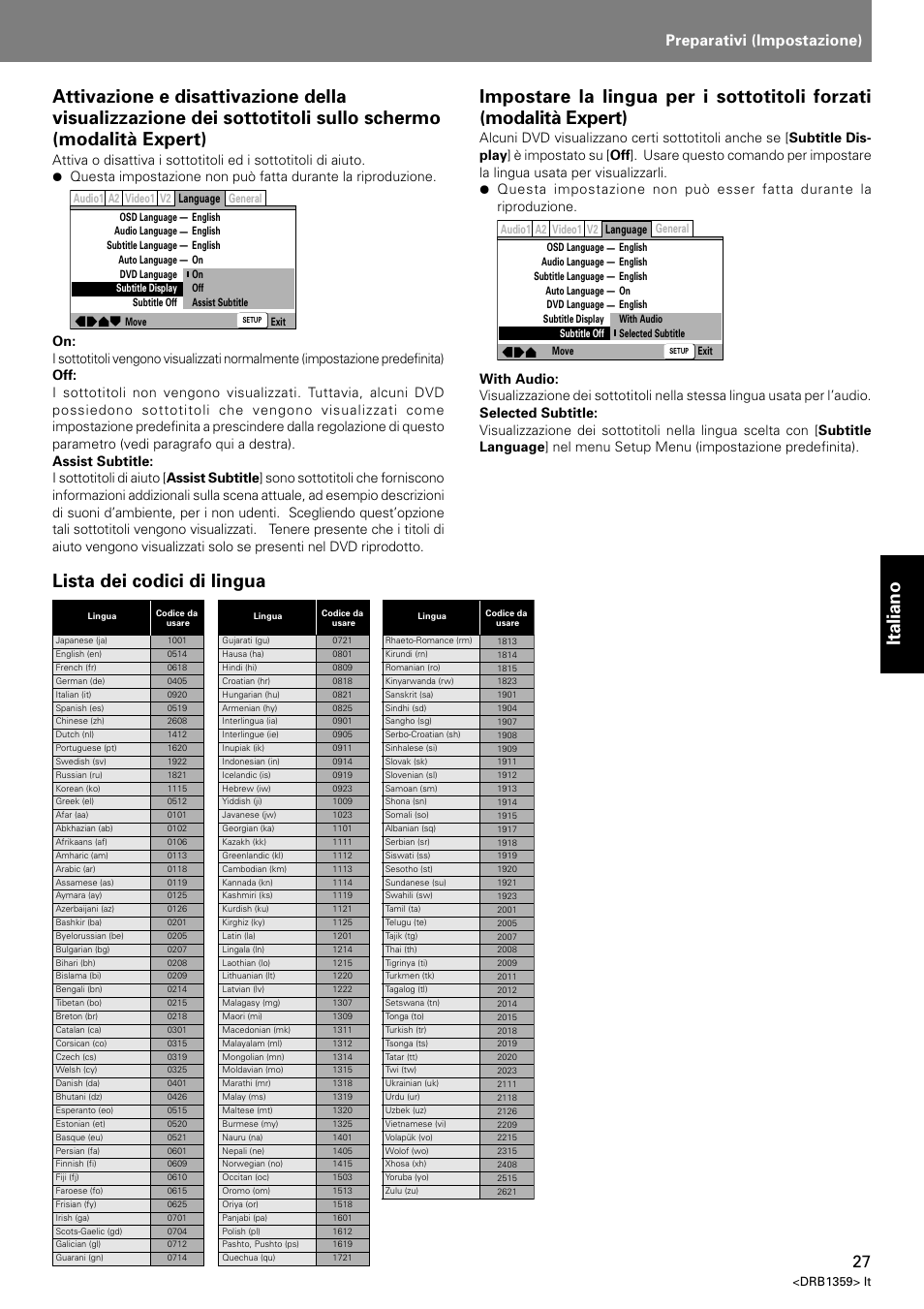 Italiano, Lista dei codici di lingua, Index | Preparativi (impostazione) | Pioneer DVJ-X1 User Manual | Page 177 / 295