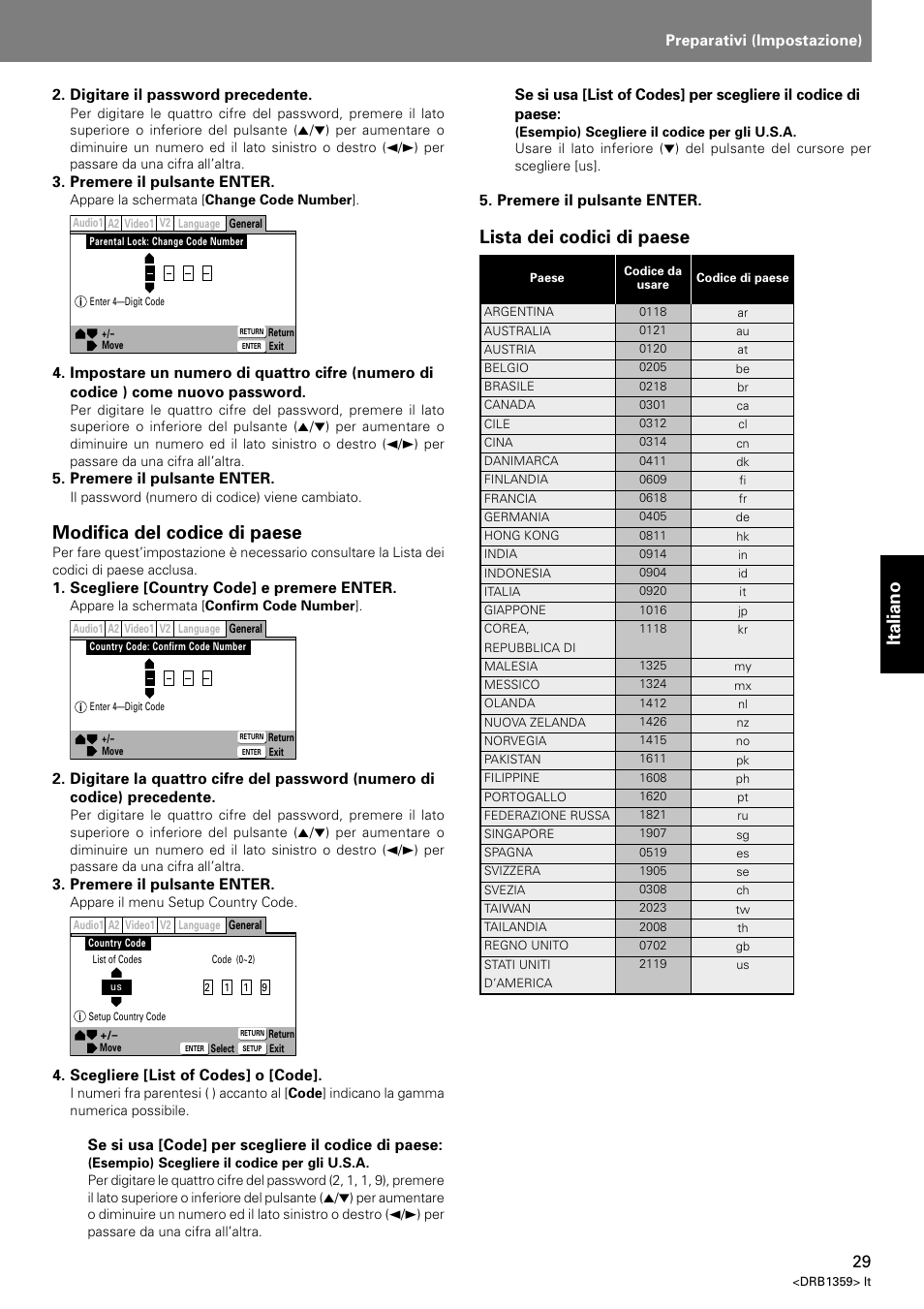 Italiano, Lista dei codici di paese, Modifica del codice di paese | Index, Preparativi (impostazione), Digitare il password precedente, Premere il pulsante enter, Scegliere [country code] e premere enter, Scegliere [list of codes] o [code, Se si usa [code] per scegliere il codice di paese | Pioneer DVJ-X1 User Manual | Page 179 / 295