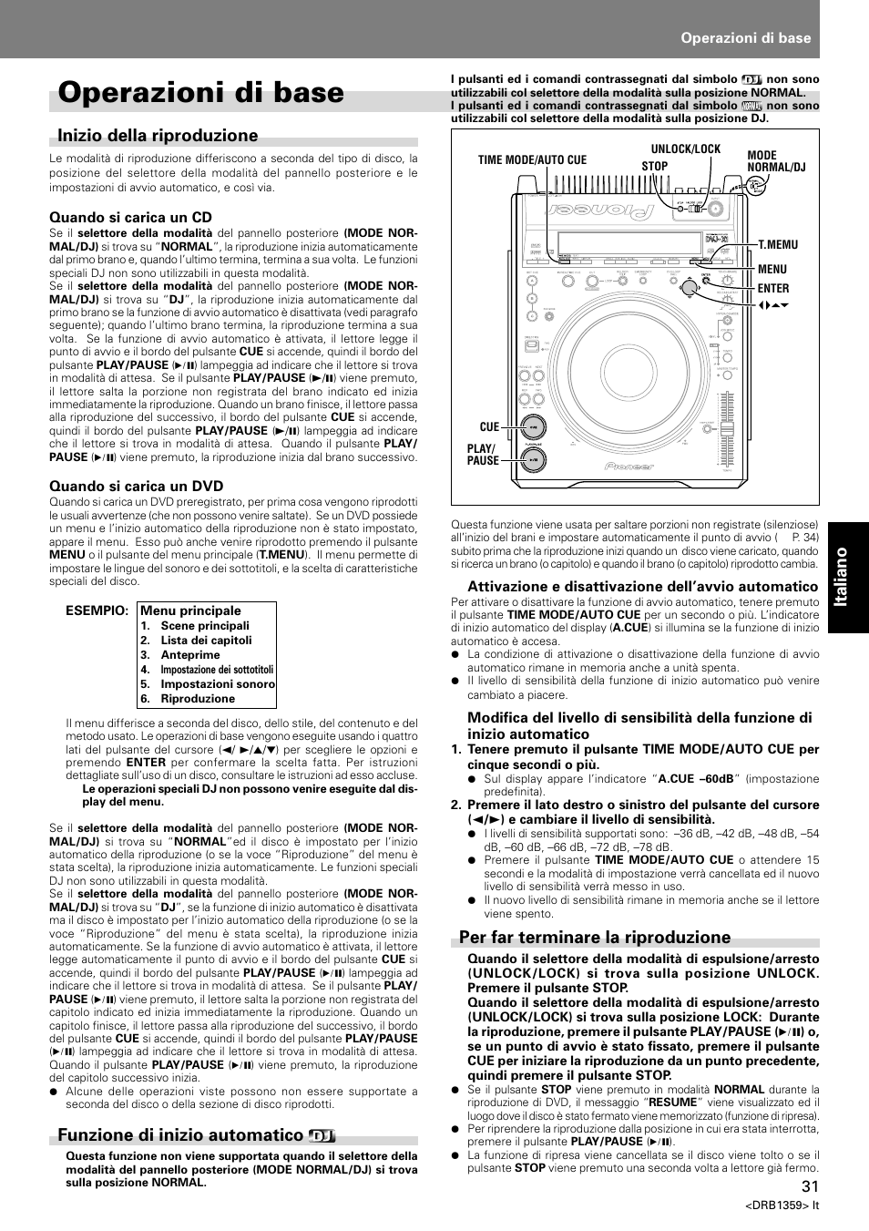 Operazioni di base, Italiano, Inizio della riproduzione | Funzione di inizio automatico, Per far terminare la riproduzione | Pioneer DVJ-X1 User Manual | Page 181 / 295