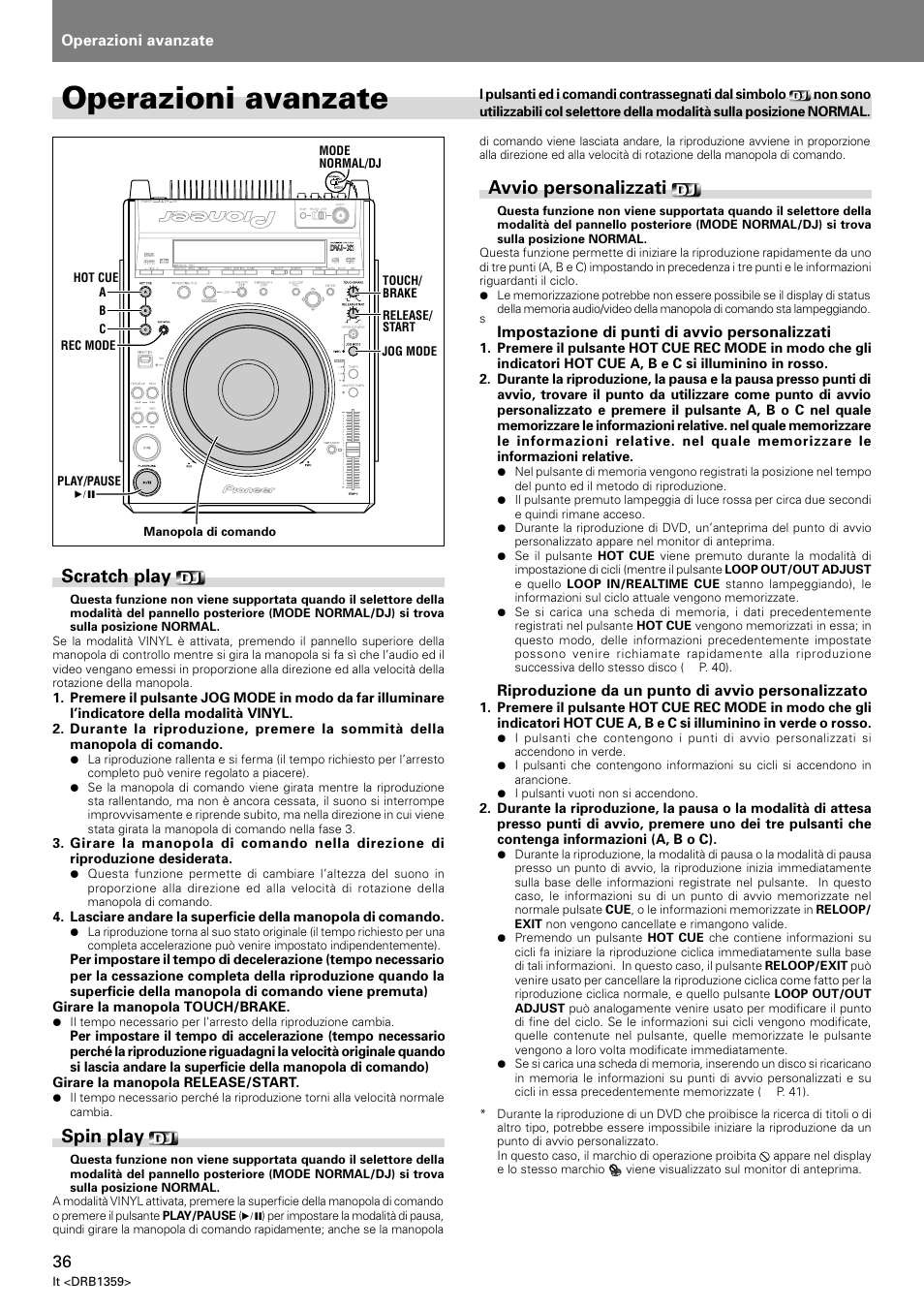 Operazioni avanzate, Scratch play spin play avvio personalizzati, Scratch play | Spin play, Avvio personalizzati | Pioneer DVJ-X1 User Manual | Page 186 / 295