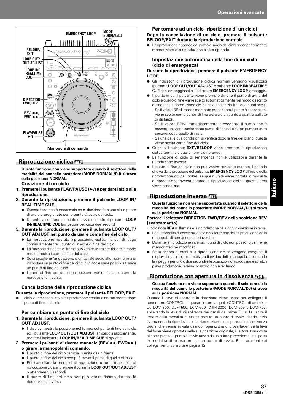 Italiano riproduzione ciclica, Riproduzione inversa, Riproduzione con apertura in dissolvenza | Pioneer DVJ-X1 User Manual | Page 187 / 295