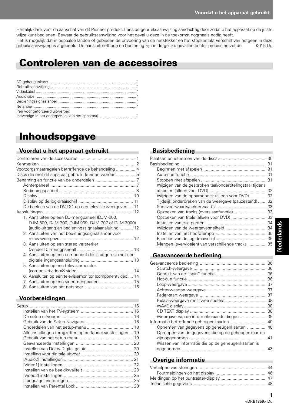 Gebruiksaanwijzing, Inhoudsopgave, Controleren van de accessoires | Pioneer DVJ-X1 User Manual | Page 199 / 295