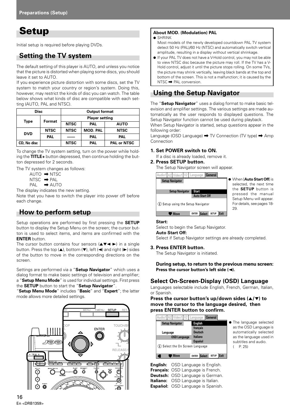 Setup, Setting the tv system, Using the setup navigator | How to perform setup, Select on-screen-display (osd) language | Pioneer DVJ-X1 User Manual | Page 20 / 295