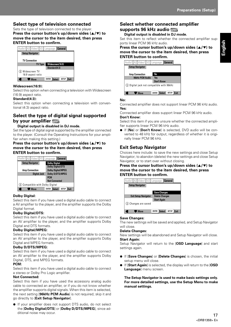 English select type of television connected, Exit setup navigator | Pioneer DVJ-X1 User Manual | Page 21 / 295