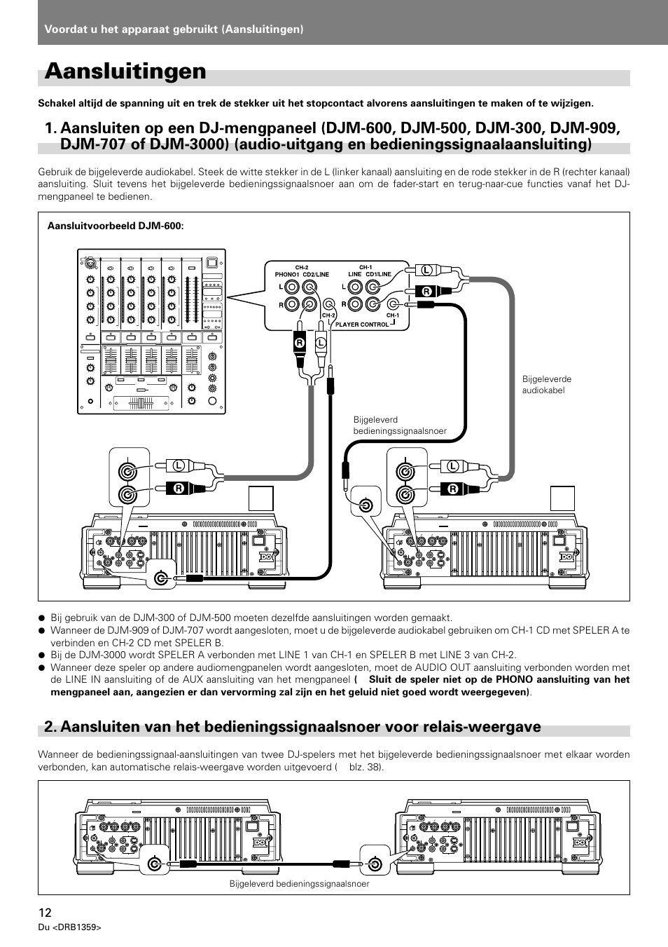 Aansluitingen, Aansluiten op een dj-mengpaneel (djm-600, Aansluiten van het bedieningssignaalsnoer voor | Relais-weergave, Aaansluitingen, Voordat u het apparaat gebruikt (aansluitingen), Djm-600 dvj-x1, Dvj-x1, Du <drb1359, Bijgeleverd bedieningssignaalsnoer | Pioneer DVJ-X1 User Manual | Page 210 / 295