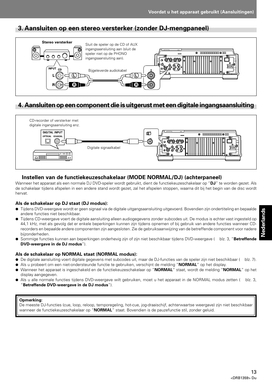Aansluiten op een stereo versterker, Zonder dj-mengpaneel), Digitale ingangsaansluiting | Nederlands, Voordat u het apparaat gebruikt (aansluitingen), Dvj-x1, Als de schakelaar op dj staat (dj modus), Als de schakelaar op normal staat (normal modus), Drb1359> du | Pioneer DVJ-X1 User Manual | Page 211 / 295