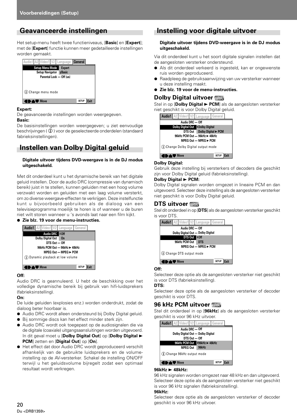 Geavanceerde instellingen, Instellen van dolby digital geluid, Instelling voor digitale uitvoer | Dolby digital uitvoer, Dts uitvoer, 96 khz pcm uitvoer, Voorbereidingen (setup) | Pioneer DVJ-X1 User Manual | Page 218 / 295