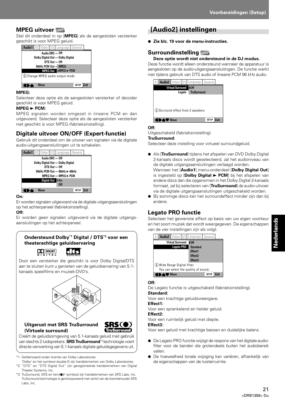 Audio2] instellingen, Nederlands mpeg uitvoer, Digitale uitvoer on/off (expert-functie) | Surroundinstelling, Legato pro functie | Pioneer DVJ-X1 User Manual | Page 219 / 295