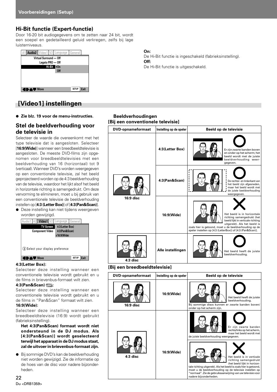Video1] instellingen, Stel de beeldverhouding voor de televisie in, Hi-bit functie (expert-functie) | Voorbereidingen (setup), Beeldverhoudingen [bij een conventionele televisie, Bij een breedbeeldtelevisie | Pioneer DVJ-X1 User Manual | Page 220 / 295