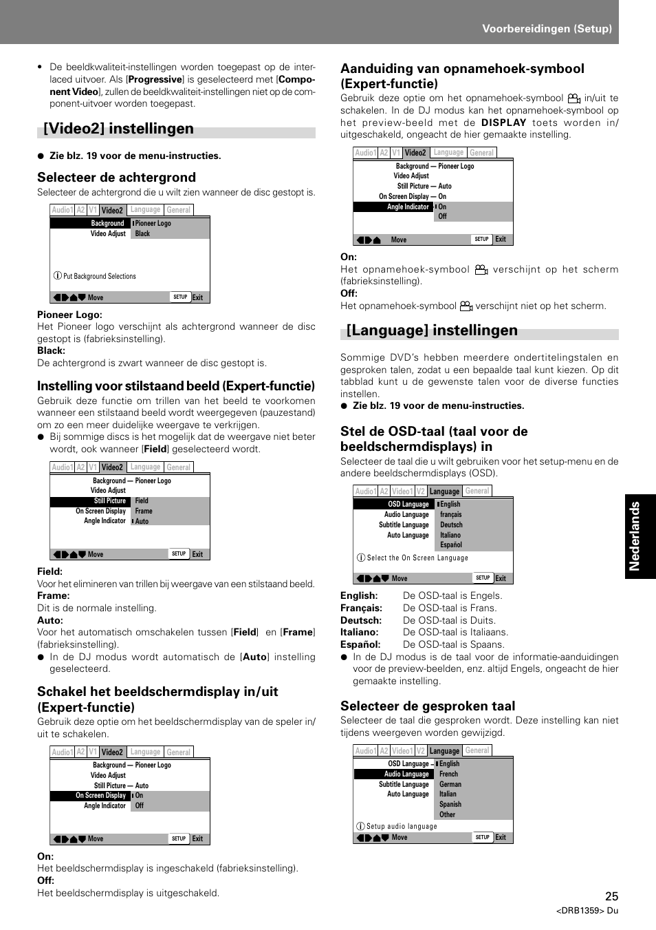 Video2] instellingen [language] instellingen, Video2] instellingen, Language] instellingen | Nederlands, Selecteer de achtergrond, Instelling voor stilstaand beeld (expert-functie), Aanduiding van opnamehoek-symbool (expert-functie), Selecteer de gesproken taal, Index voorbereidingen (setup) | Pioneer DVJ-X1 User Manual | Page 223 / 295
