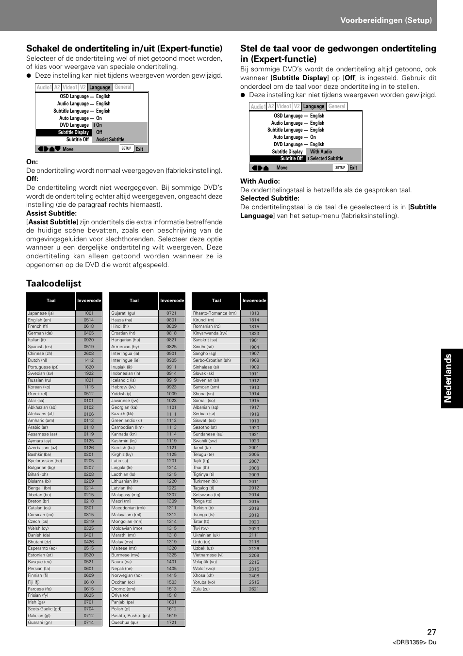 Taalcodelijst, Index voorbereidingen (setup) | Pioneer DVJ-X1 User Manual | Page 225 / 295