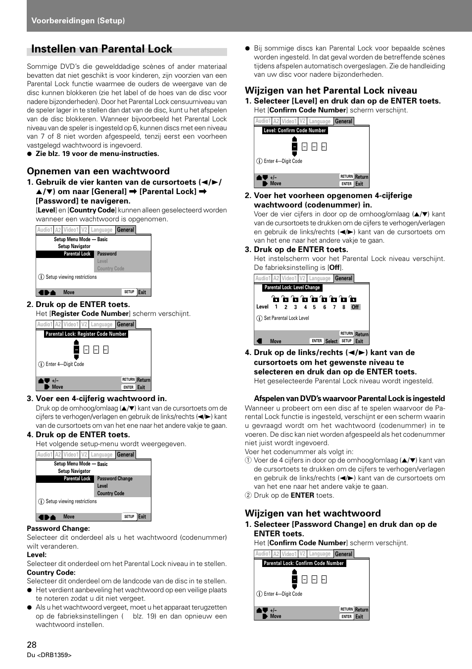 Instellen van parental lock, Opnemen van een wachtwoord, Wijzigen van het parental lock niveau | Wijzigen van het wachtwoord, Voorbereidingen (setup), Druk op de enter toets, Voer een 4-cijferig wachtwoord in, Selecteer [level] en druk dan op de enter toets | Pioneer DVJ-X1 User Manual | Page 226 / 295