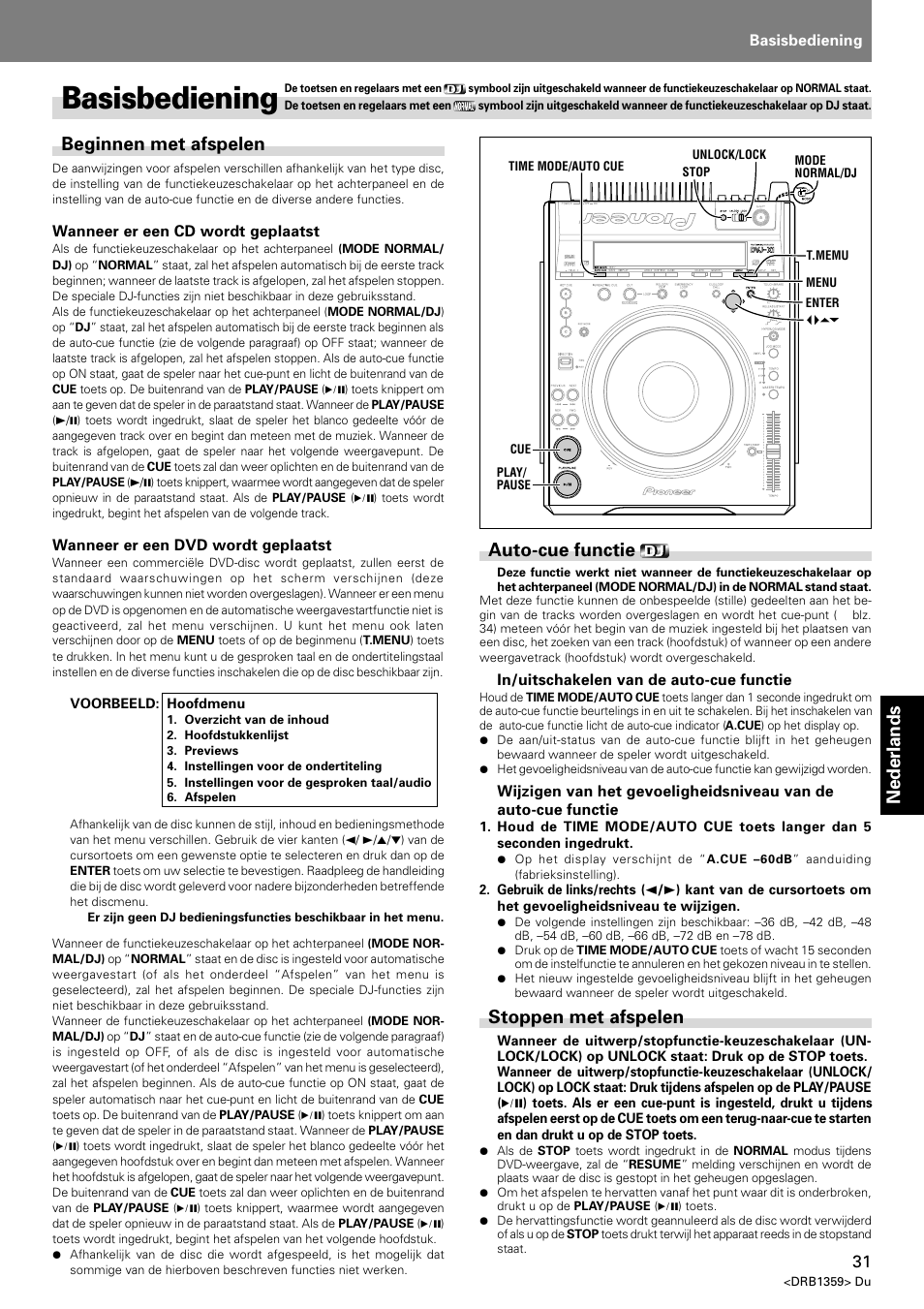 Basisbediening, Nederlands, Beginnen met afspelen | Auto-cue functie, Stoppen met afspelen | Pioneer DVJ-X1 User Manual | Page 229 / 295