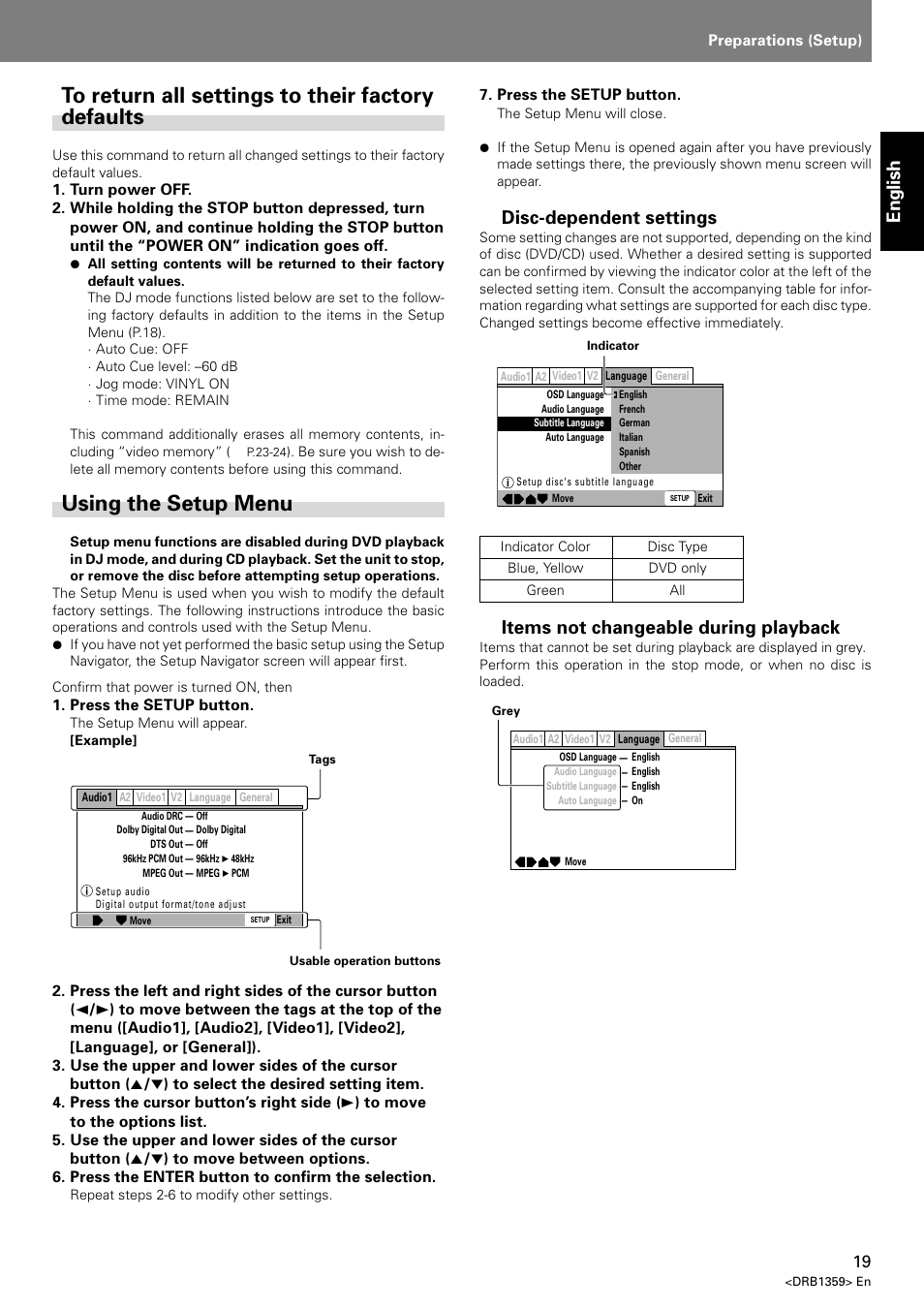 Using the setup menu, English, Disc-dependent settings | Items not changeable during playback | Pioneer DVJ-X1 User Manual | Page 23 / 295