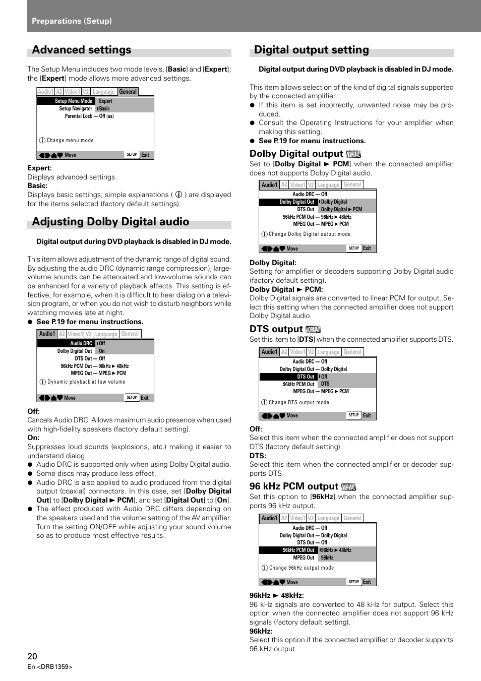 Advanced settings, Adjusting dolby digital audio, Digital output setting | Dolby digital output, Dts output, 96 khz pcm output, Preparations (setup) | Pioneer DVJ-X1 User Manual | Page 24 / 295