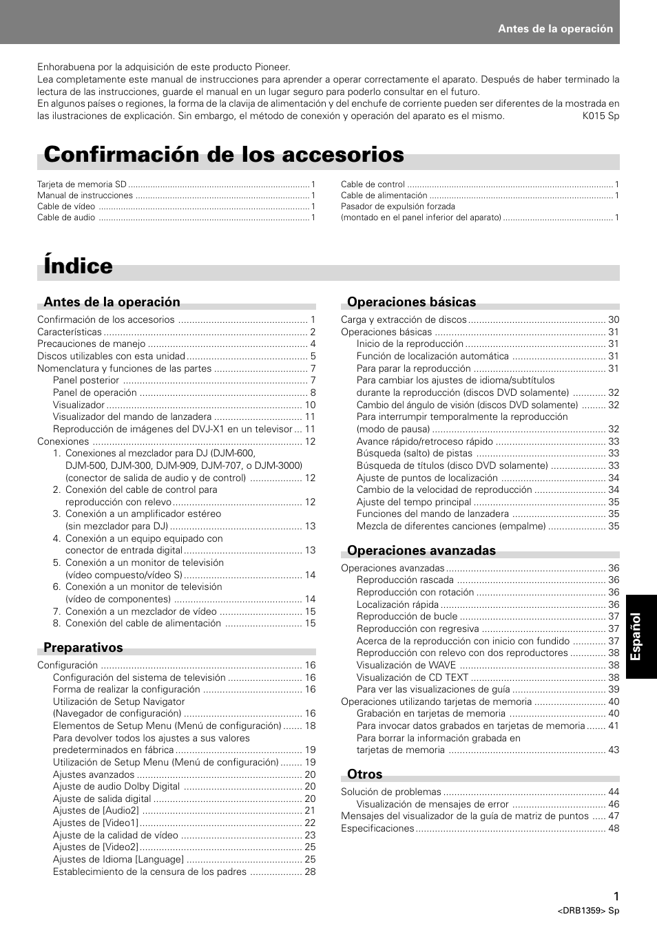 Manual de instrucciones, Índice, Confirmación de los accesorios | Español, Antes de la operación, Preparativos, Operaciones básicas, Operaciones avanzadas, Otros | Pioneer DVJ-X1 User Manual | Page 247 / 295