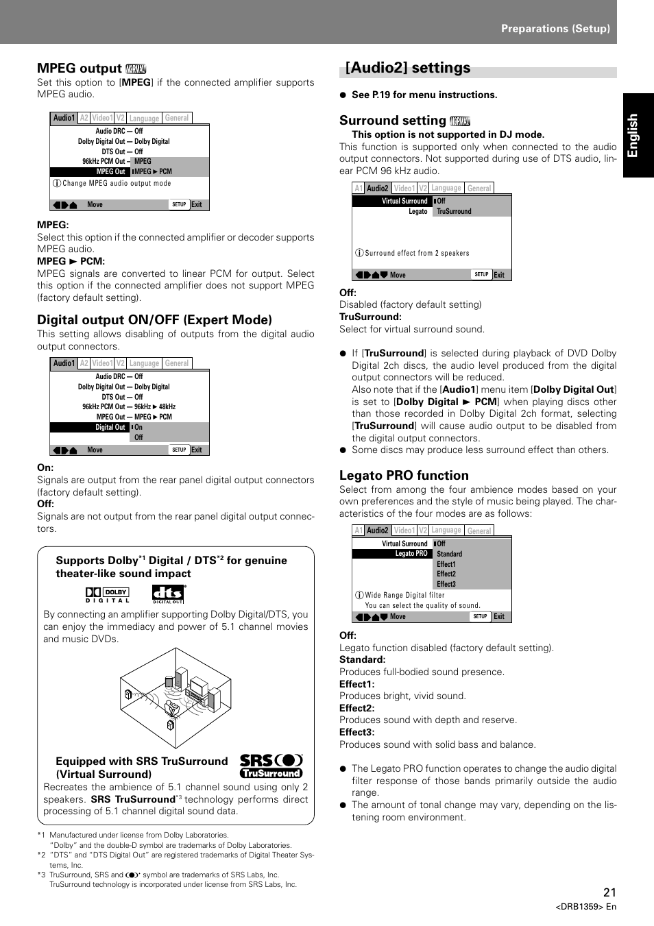 Audio2] settings, English mpeg output, Digital output on/off (expert mode) | Surround setting, Legato pro function | Pioneer DVJ-X1 User Manual | Page 25 / 295