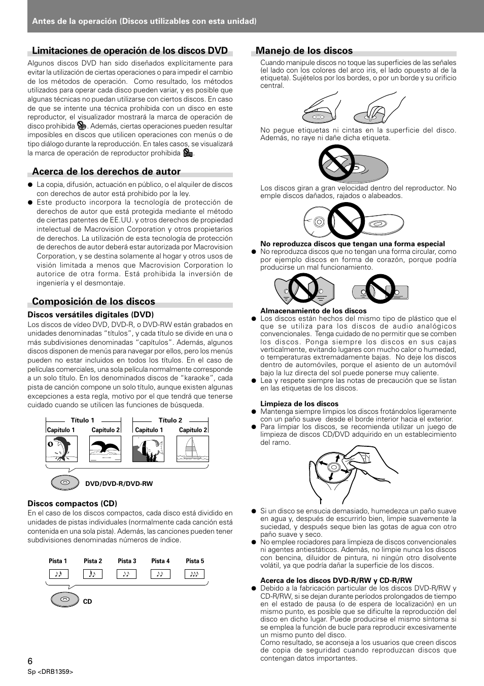 Limitaciones de operación de los discos dvd, Acerca de los derechos de autor, Composición de los discos | Manejo de los discos | Pioneer DVJ-X1 User Manual | Page 252 / 295