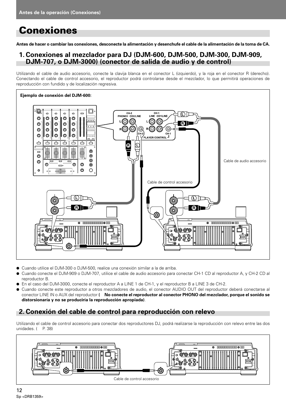Conexiones, Conexiones al mezclador para dj (djm-600, Conexión del cable de control para | Reproducción con relevo, Aconexiones, Antes de la operación (conexiones), Djm-600 dvj-x1, Dvj-x1, Sp <drb1359, Cable de control accesorio | Pioneer DVJ-X1 User Manual | Page 258 / 295