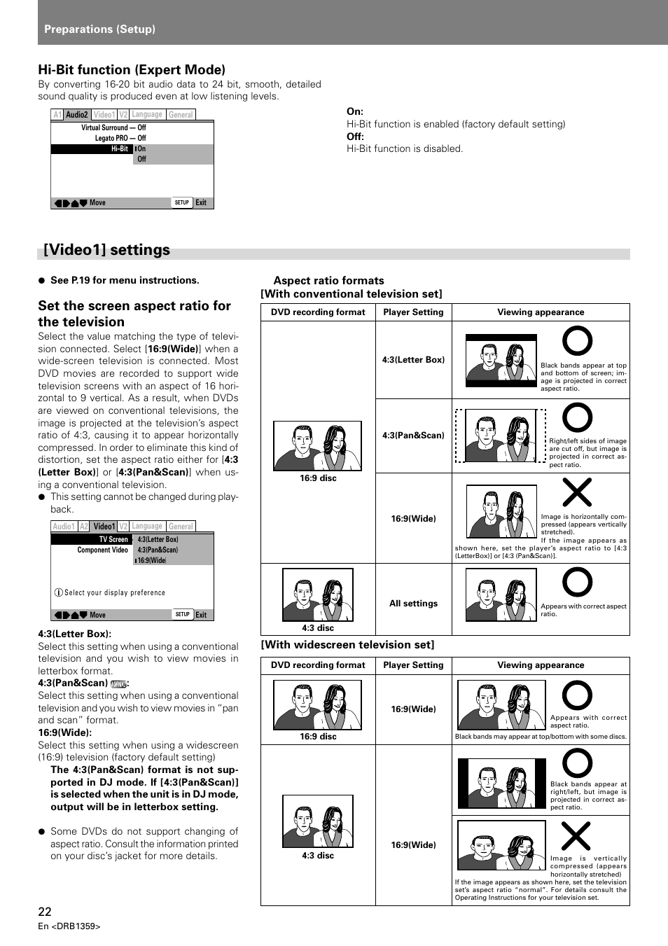 Video1] settings, Set the screen aspect ratio for the television, Hi-bit function (expert mode) | Preparations (setup), With widescreen television set | Pioneer DVJ-X1 User Manual | Page 26 / 295