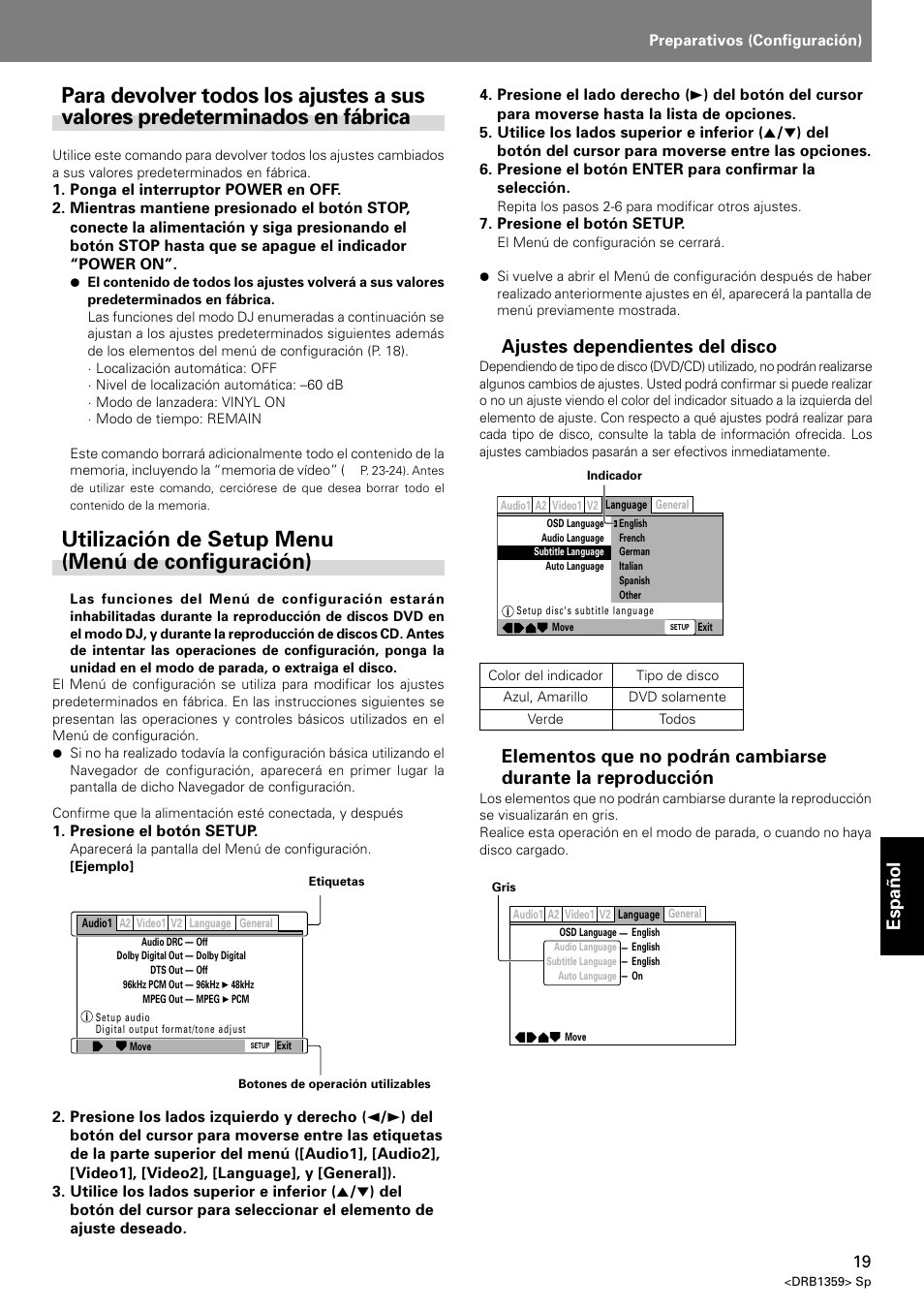 Utilización de setup menu (menú de configuración), Espa ñ ol, Ajustes dependientes del disco | Pioneer DVJ-X1 User Manual | Page 265 / 295