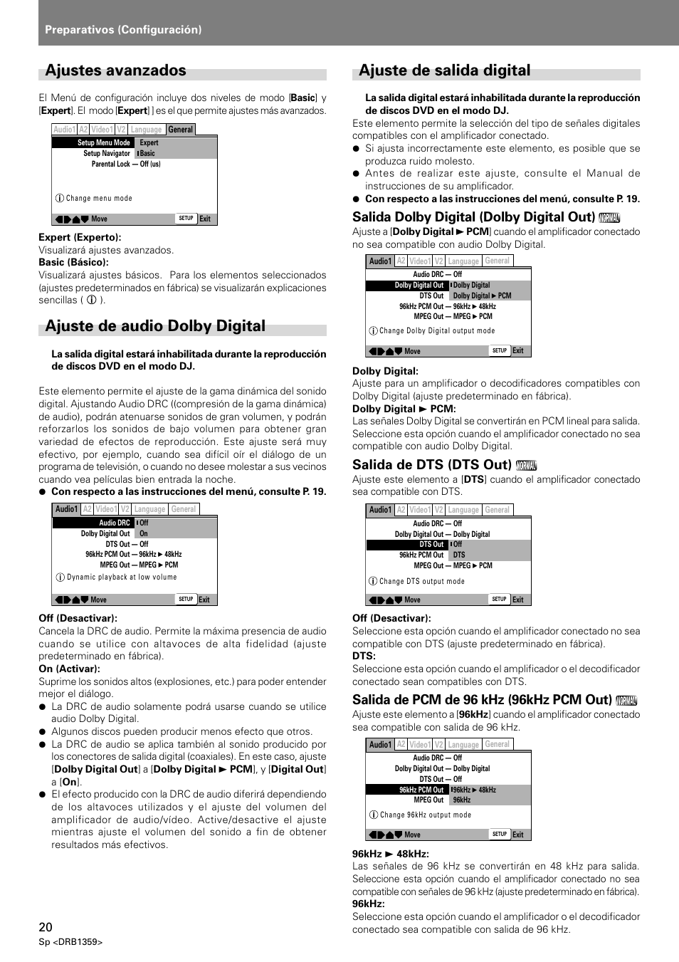 Ajustes avanzados, Ajuste de audio dolby digital, Ajuste de salida digital | Salida dolby digital (dolby digital out), Salida de dts (dts out), Salida de pcm de 96 khz (96khz pcm out), Preparativos (configuración) | Pioneer DVJ-X1 User Manual | Page 266 / 295